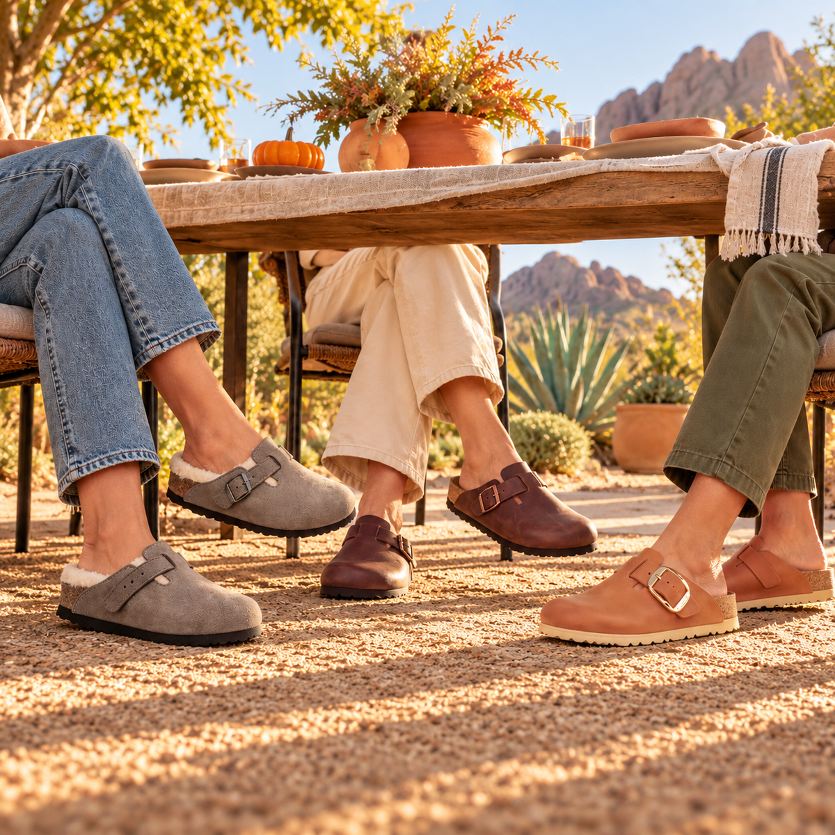 Three friends wearing Birkenstock Boston clogs in Stone Coin Shearling, Habana, and Cognac around a Thanksgiving table on a sunny desert patio.