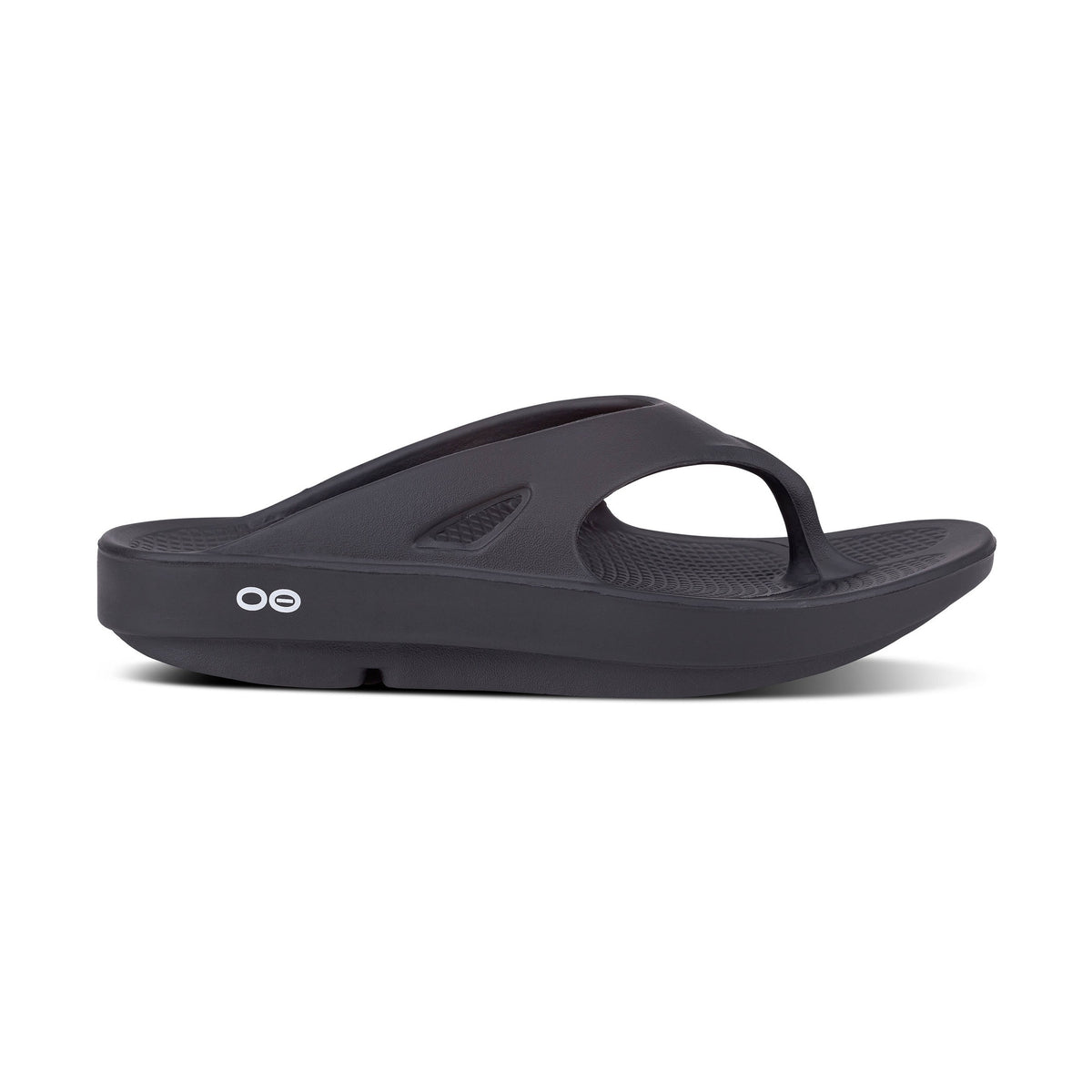 Black OOfos OOriginal sandal with 'Oofos' branding on a white background