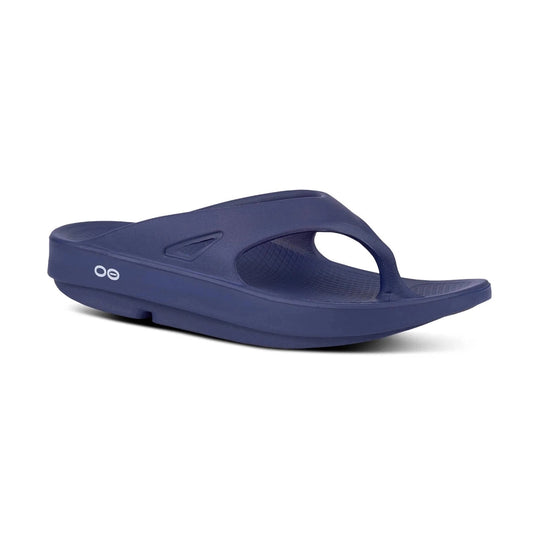 A single navy blue OOfos OOriginal  slide sandal shown from a side profile view against a clean white background.