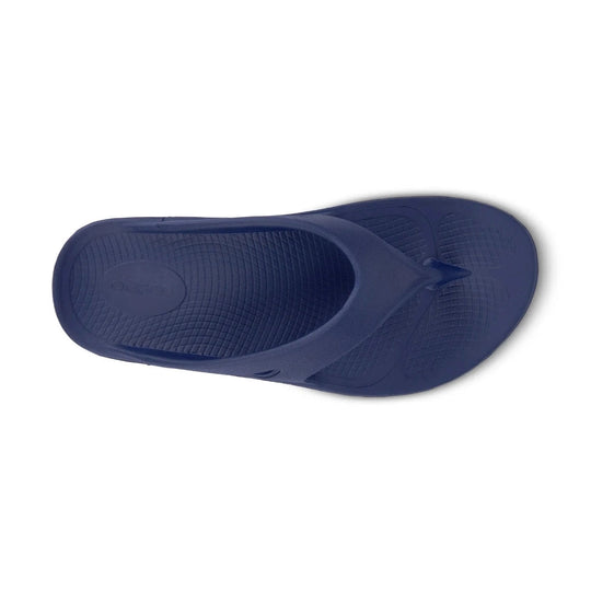 Navy blue OOfos OOriginal sandal on a white background