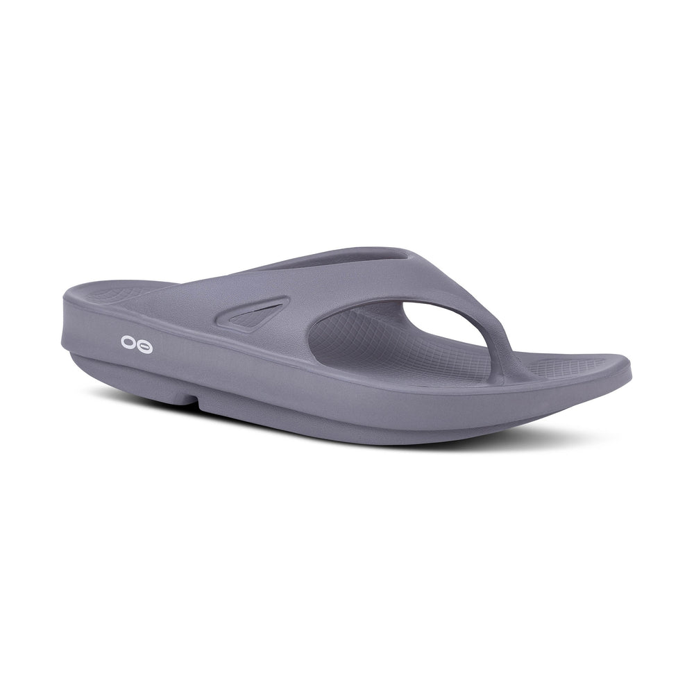 Gray OOfos OOriginal sandal on a white background