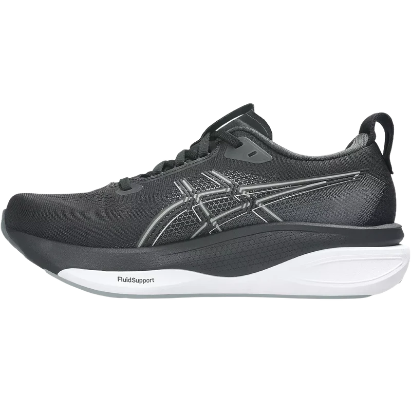 A black Asics Gel-Kayano 32 running shoe with a white and black midsole, featuring the brand&