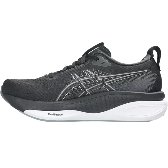 A black Asics Gel-Kayano 32 running shoe with a white and black midsole, featuring the brand&