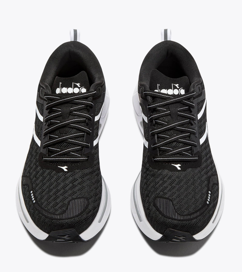 Black Diadora Cellula 2 – Women's athletic shoes with white accents on a white background