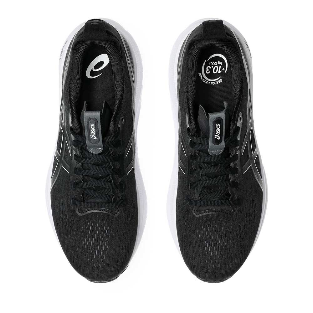 A pair of black Asics Gel-Kayano 32 running shoes shown from a top-down view on a solid white background.