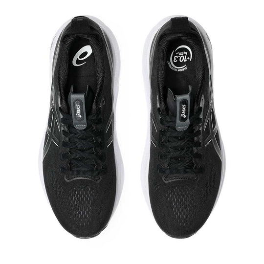 A pair of black Asics Gel-Kayano 32 running shoes shown from a top-down view on a solid white background.