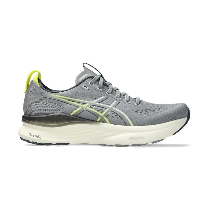 Gray Gel-Kayano 32 running shoe with green accents on a white background.