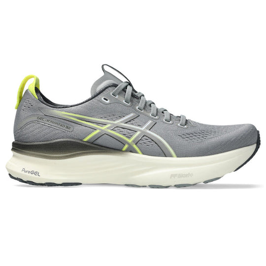 Gray Gel-Kayano 32 running shoe with green accents on a white background.