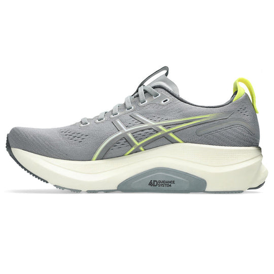 Gray Gel-Kayano 32 running shoe with yellow accents on a white background