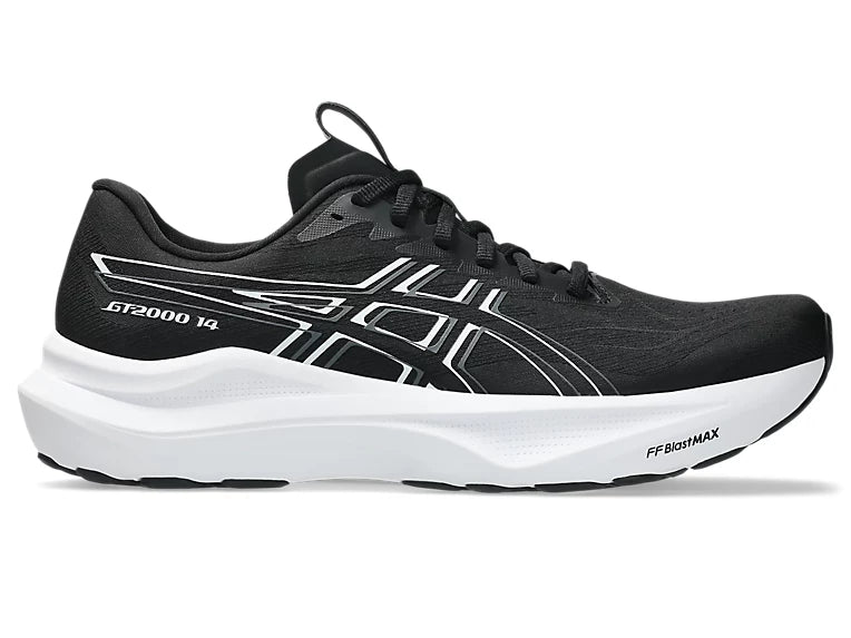 Black running shoe with white sole on a white background