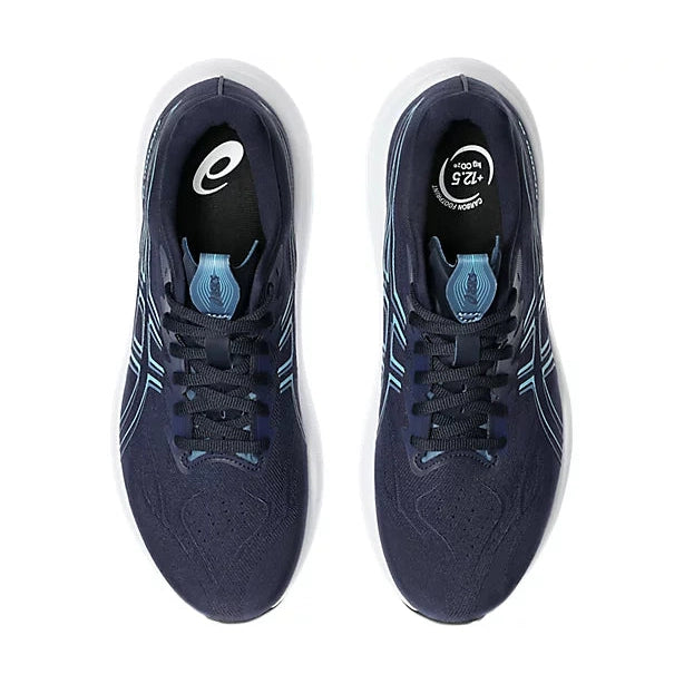 A pair of Asics Gt-2000 14 running shoes in navy blue with light blue accents and white soles, shown from a top-down view on a white background.