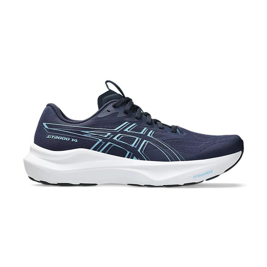 A single ASICS Gt-2000 14 running shoe in navy blue with light blue geometric accents and a thick white midsole, shown from the side against a plain white background.