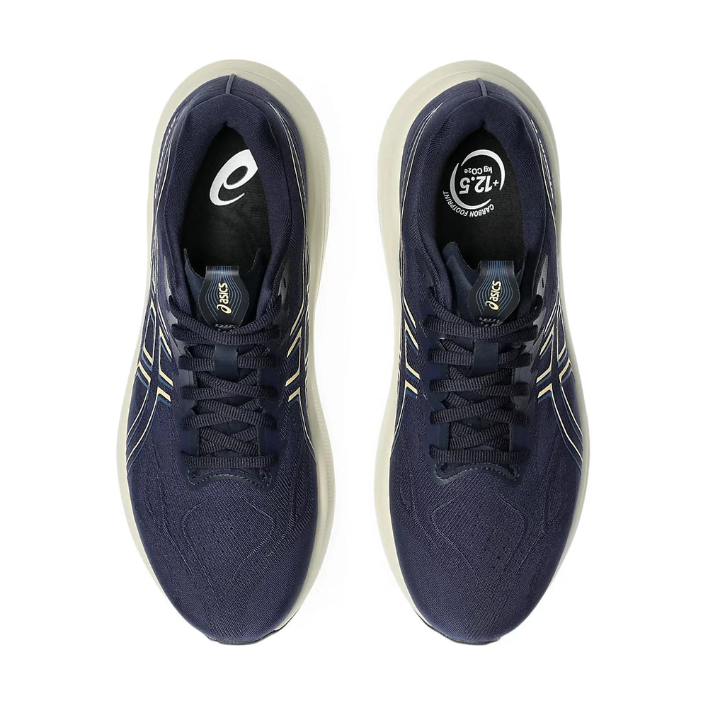 A pair of navy blue ASICS Gt-2000 14 running shoes shown from a top-down view on a solid white background.