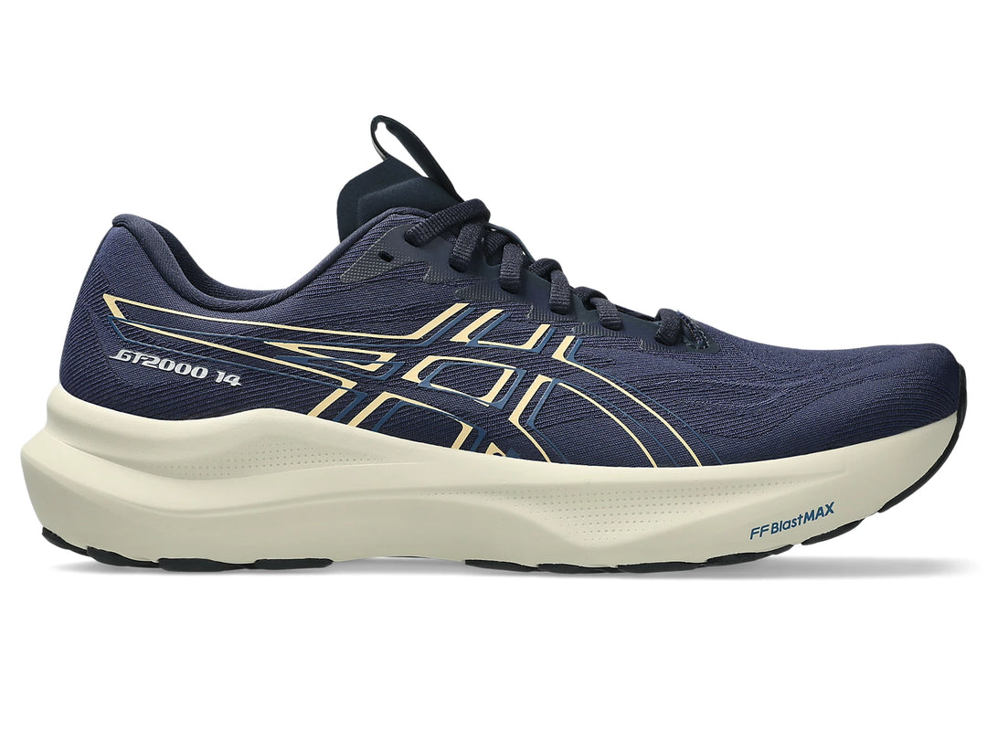 Navy running shoe with beige sole on a white background