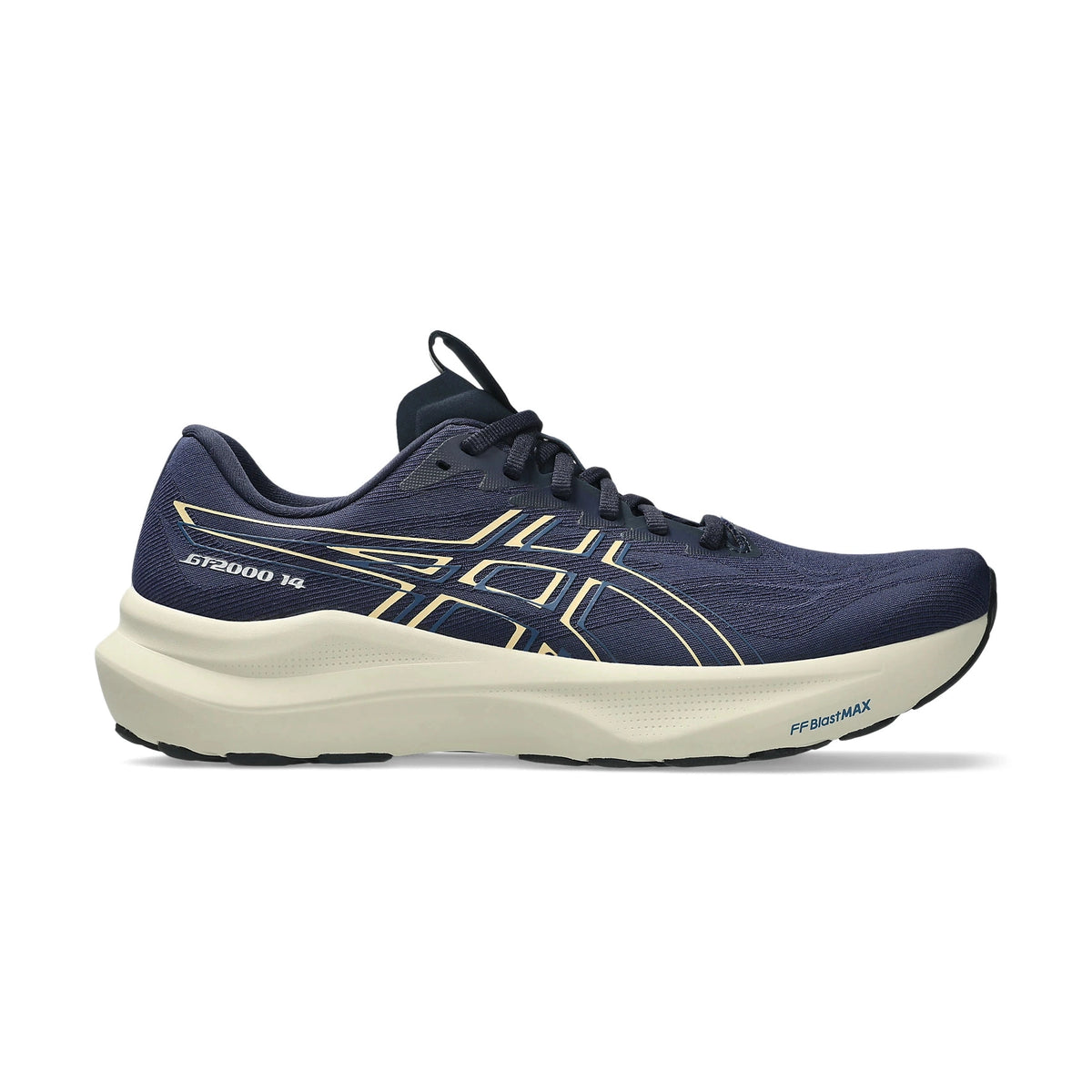 Blue Navy Gt-2000 14 running shoe with red accents on a white background
