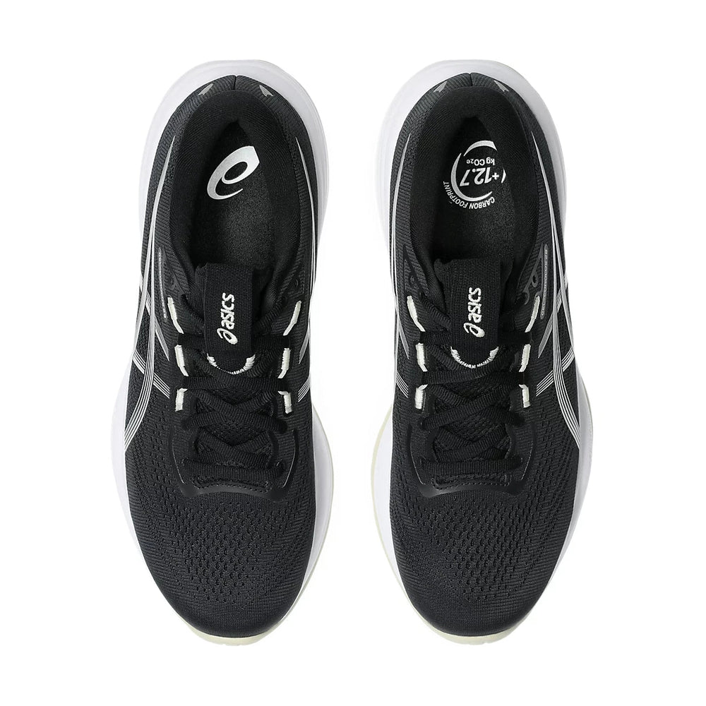 A pair of black and white ASICS Cumulus running shoes shown from a top-down view on a solid white background.