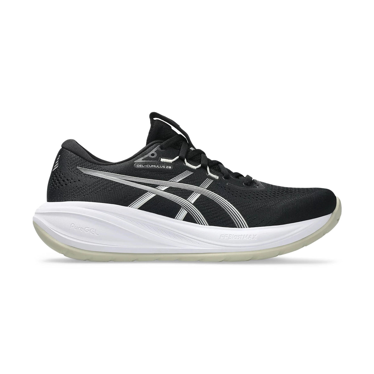 Black Cumulus running shoe with white sole on a white background
