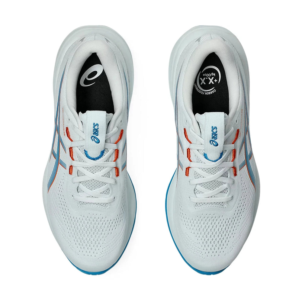 A pair of ASICS Gel-Cumulus 28  running shoes shown from a top-down view on a clean white background. The shoes are primarily white with light blue and orange accents on the laces.