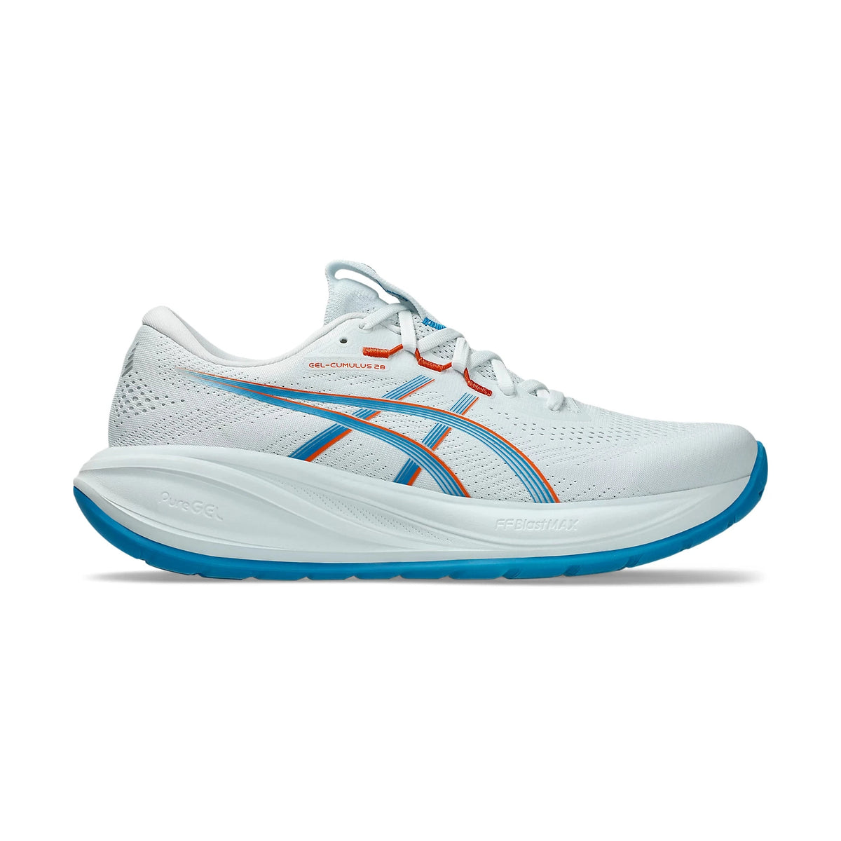 A white Asics Gel-Cumulus 28 running shoe with blue and orange accents, shown in a side profile on a white background.