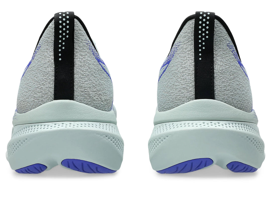 Gray and black Glideride Max 2  athletic shoes with blue accents on a white background.