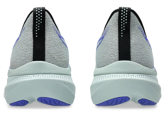 Gray and black Glideride Max 2  athletic shoes with blue accents on a white background.