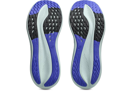 A pair of Glideride Max 2  athletic shoe soles shown from the bottom, featuring a textured black outsole with purple and gray sections.