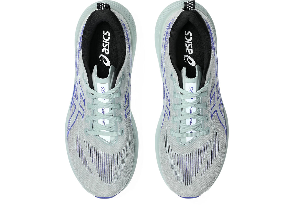 A pair of Asics Glideride Max 2  running shoes shown from a top-down view, featuring a light gray and mint green mesh upper with purple stripe accents and a black interior.