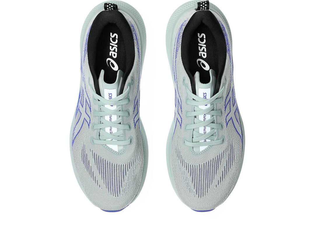 A pair of Asics Glideride Max 2  running shoes shown from a top-down view, featuring a light gray and mint green mesh upper with purple stripe accents and a black interior.