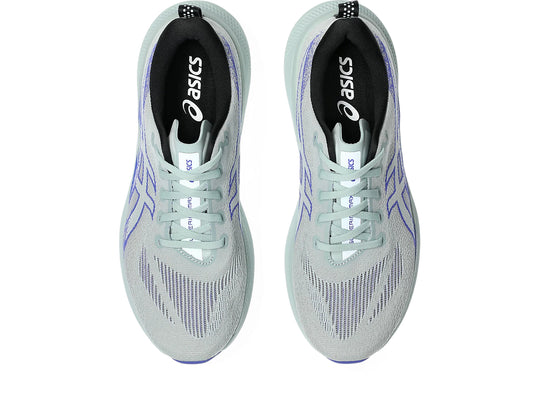 A pair of Asics Glideride Max 2  running shoes shown from a top-down view, featuring a light gray and mint green mesh upper with purple stripe accents and a black interior.