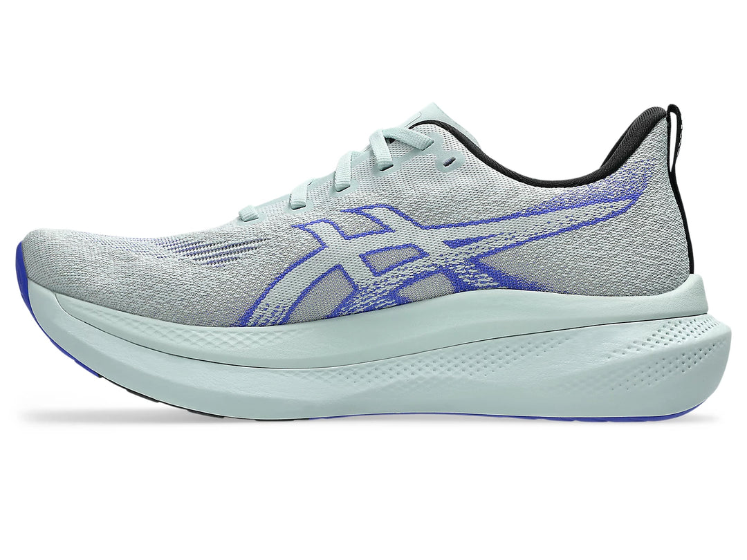 A light gray and purple Glideride Max 2  running shoe with a prominent blue ASICS logo on the side, shown in a side profile view against a white background.
