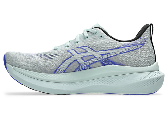 A light gray and purple Glideride Max 2  running shoe with a prominent blue ASICS logo on the side, shown in a side profile view against a white background.
