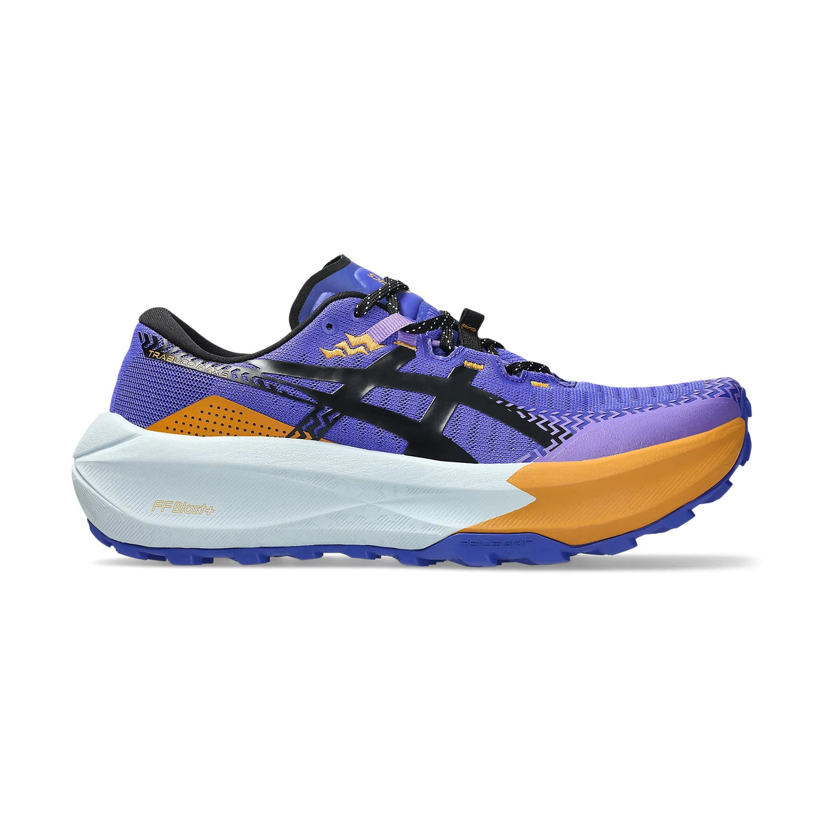 A single ASICS Trabuco Max 5 running shoe in purple, black, and orange, shown in a side profile on a clean white background.