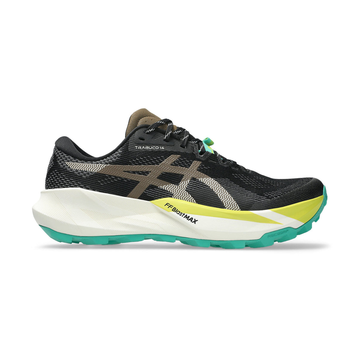 A single Asics Trabuco 14 trail running shoe shown in profile against a white background. The shoe features a black mesh upper with a brown and gray tiger stripe, a thick white midsole, and a bright yellow and teal outsole.