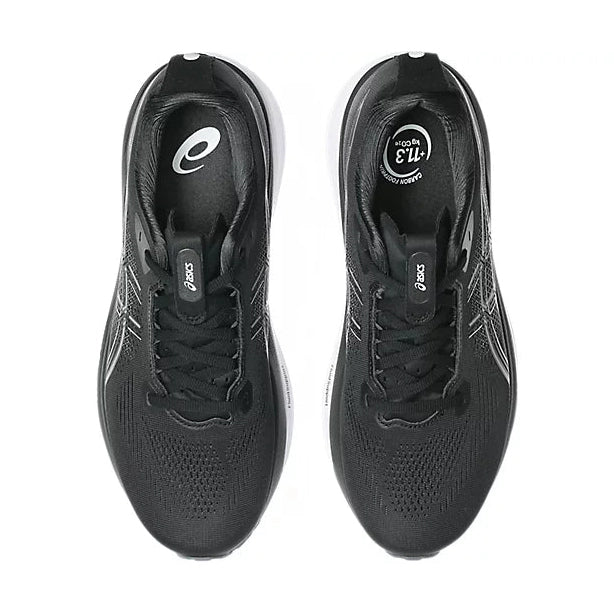A pair of black ASICS Kayano 33 running shoes shown from a top-down view on a plain white background.