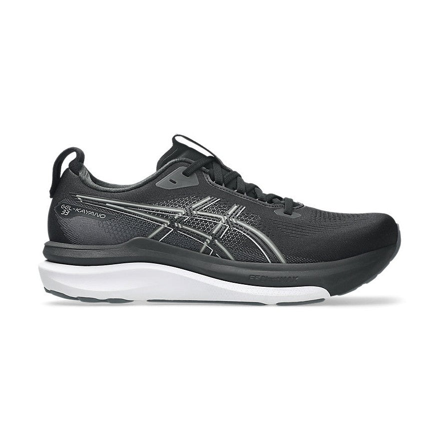 A black ASICS Kayano 33 running shoe with a white and gray midsole, shown in a side profile view against a plain white background.