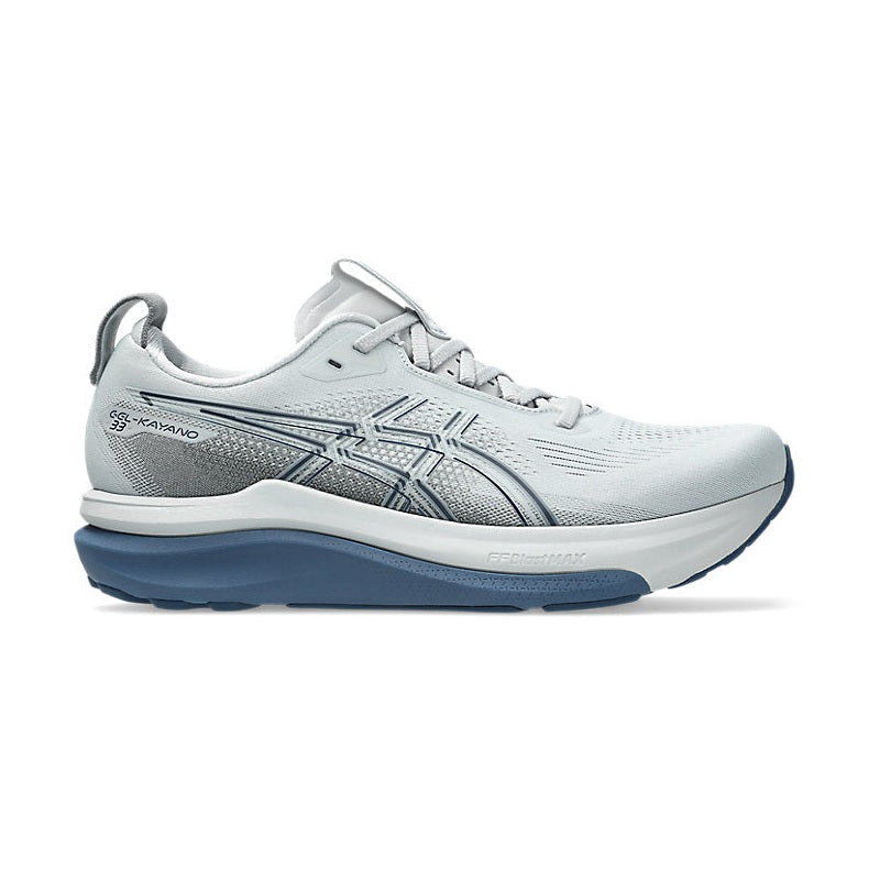 A light gray Asics Gel-Kayano 33 – Men's running shoe with a white and gray upper, gray laces, and a blue-gray midsole and outsole, shown from a side profile on a white background.