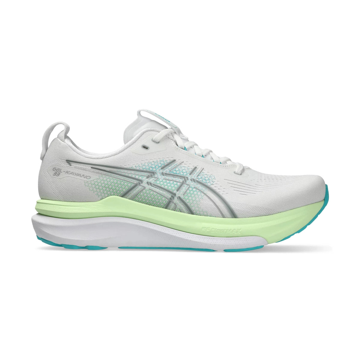 A single ASICS Gel-Kayano 33 running shoe shown in a side profile view against a solid white background. The shoe features a white mesh upper with light blue and gray ASICS branding, a thick white midsole with a prominent light green (lime) secondary layer, and a teal outsole.
