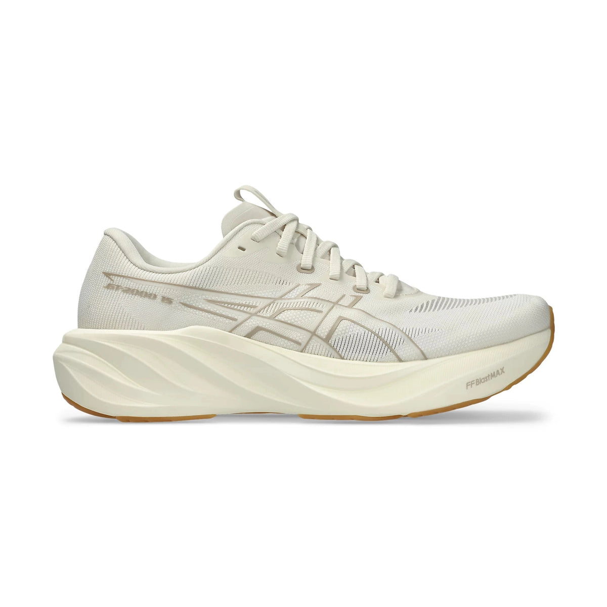 GT-2000 15 Asics running shoe in off-white and beige, featuring a thick wavy midsole and a gum outsole, shown against a plain white background.