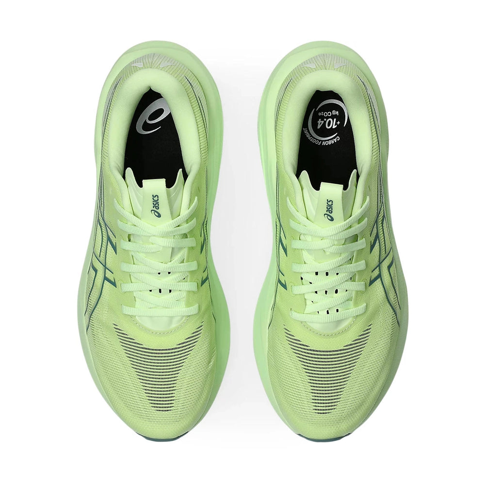 GT-2000 15 a men's pair of Asics running shoes in a light lime green color, shown from a top-down view on a white background.