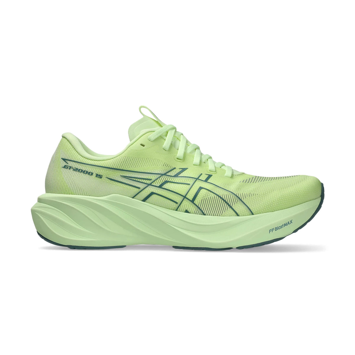 GT-2000 15 a men's black and green Asics running shoe on a white background.