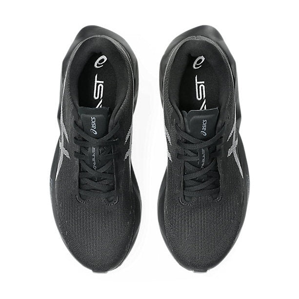 Novablast 6 a men's pair of black Asics running shoes shown from a top-down view on a plain white background.