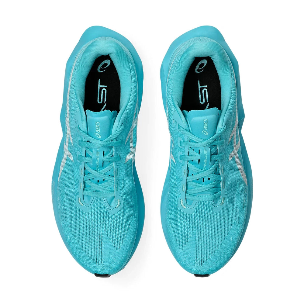 Novablast 6 a men's pair of Asics running shoes in a vibrant turquoise blue, shown from a top-down view on a clean white background.