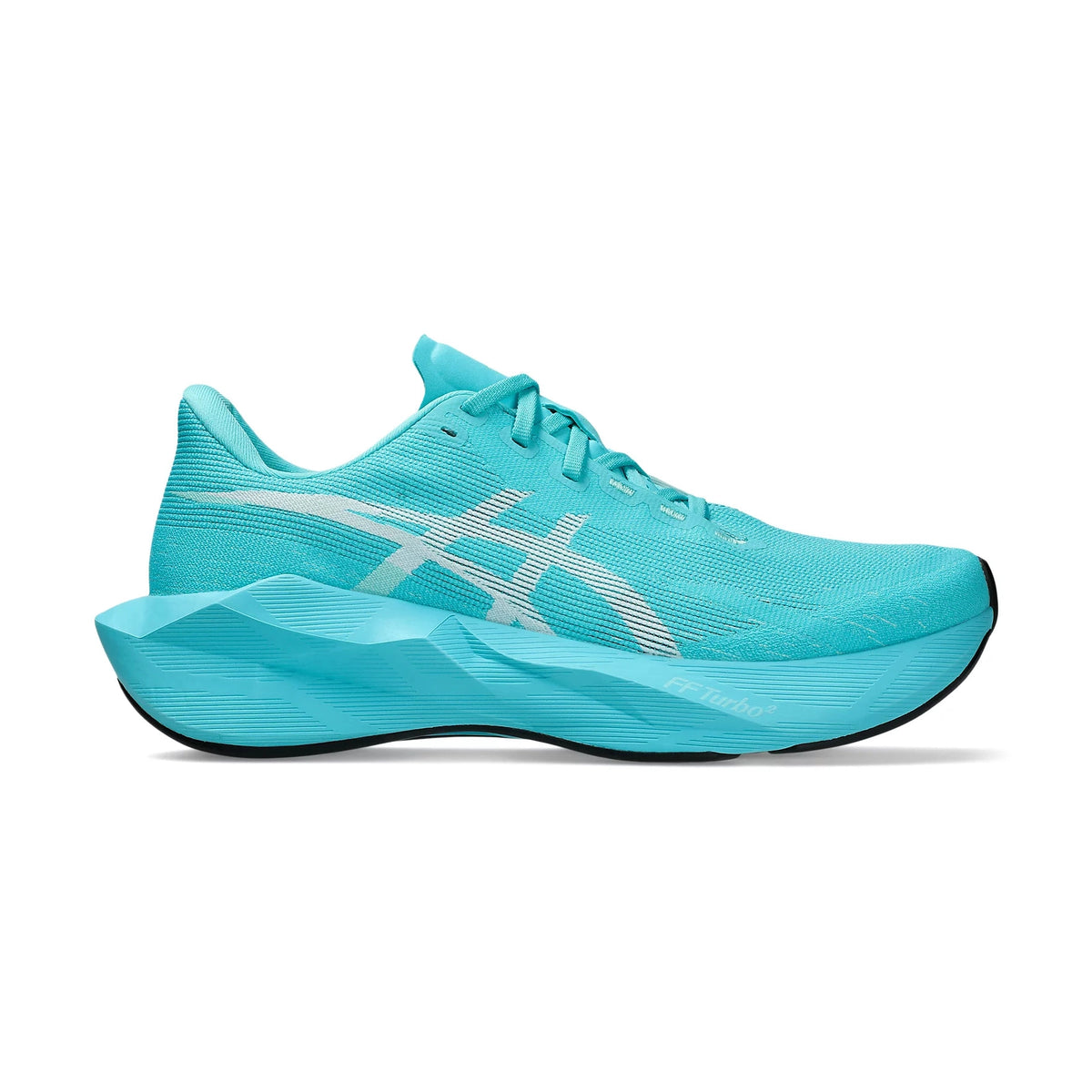 Novablast 6 a men's single Asics running shoe in a vibrant turquoise blue colorway, featuring a textured knit upper, a thick sculpted midsole, and a white ASICS logo on the side, set against a plain white background.