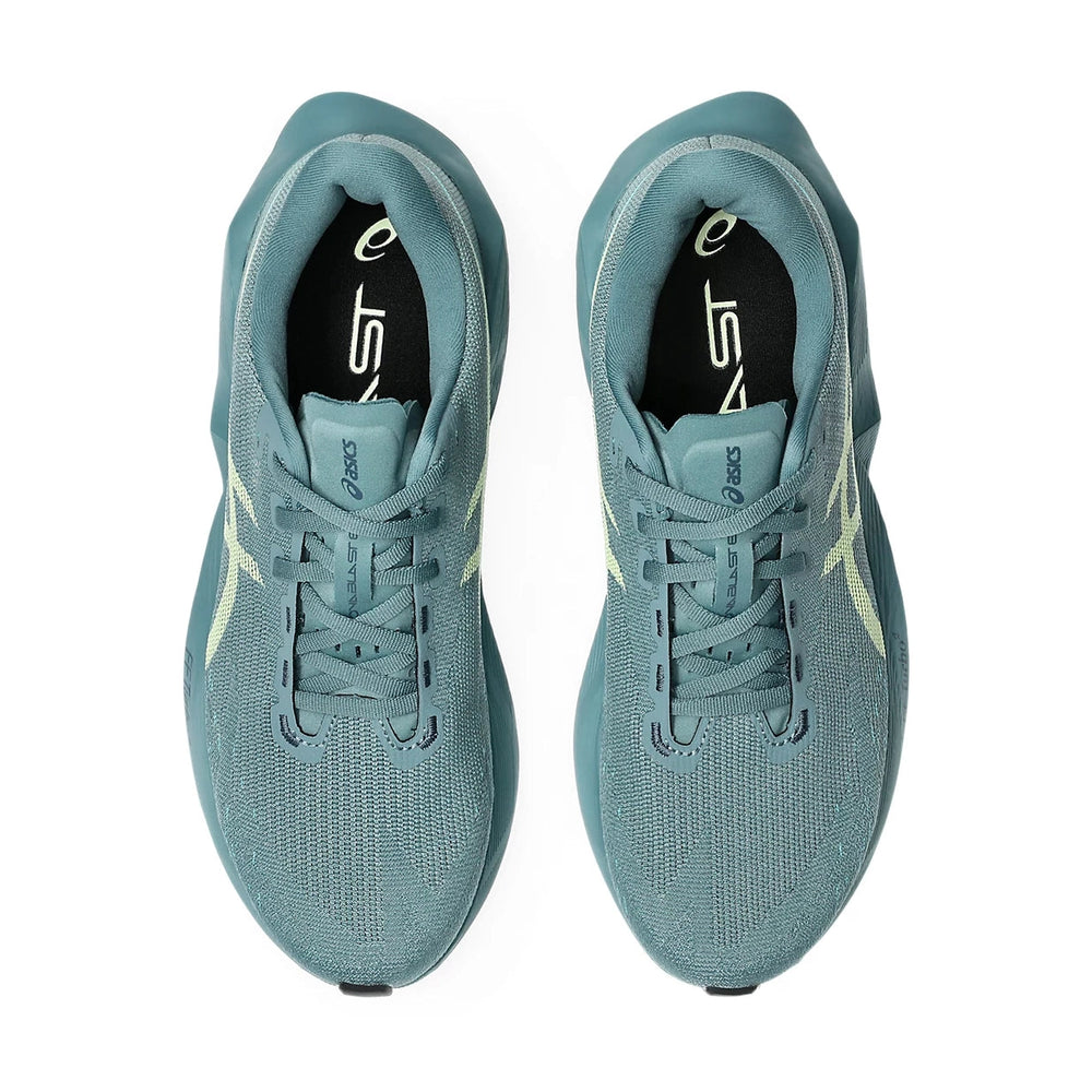 Novablast 6 a men's pair of Asics running shoes in a muted teal blue-green color, shown from a top-down view on a clean white background.
