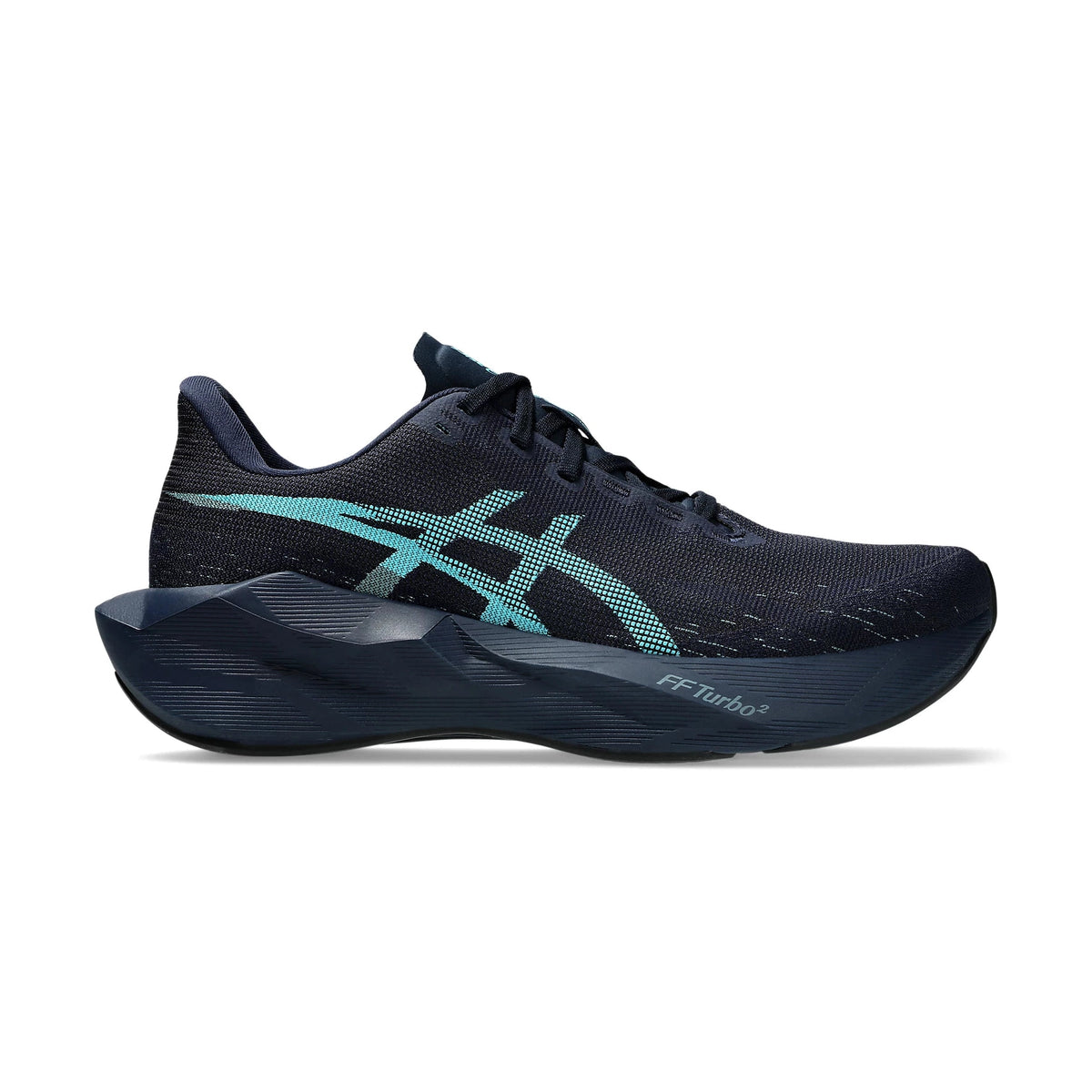 Novablast 6 a men's ASICS running shoe in dark navy blue with a bright teal-green logo accent, shown in a side profile on a clean white background.