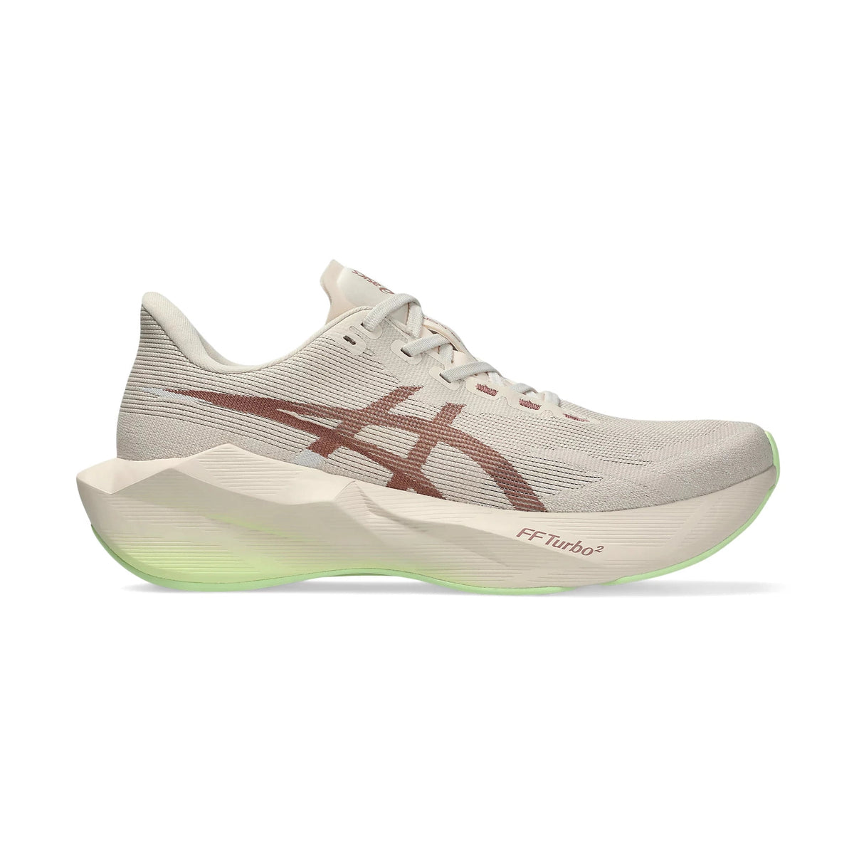 Novablast 6 a men's Asics running shoe in light beige and off-white with a dark brown ASICS logo on the side and a glowing neon green sole, shown against a plain white background.