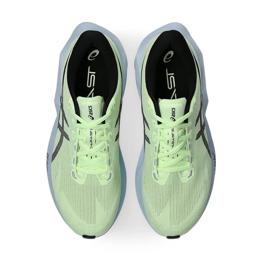 Novablast 6 a men's pair of Asics running shoes in a light neon green and light blue colorway, shown from a top-down view on a white background.