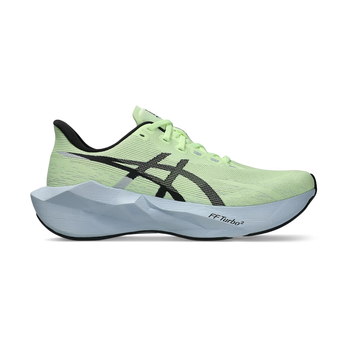 Novablast 6 a men's ASICS running shoe in light green with a black side stripe and a light gray and white FF Turbo sole, shown from the side on a white background.