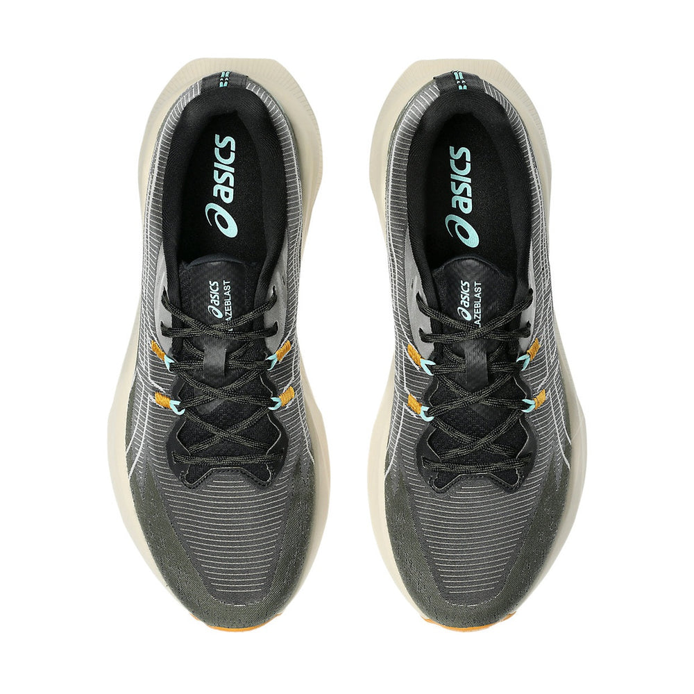 Blazeblast a men's pair of ASICS running shoes shown from a top-down view on a plain white background. The shoes feature a dark gray and black textured mesh upper with black laces, small orange and teal accents near the laces, and a thick beige midsole.