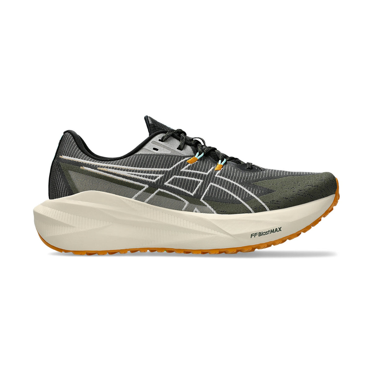 Blazeblast a men's black and sandstorm running shoe with white sole on a white background